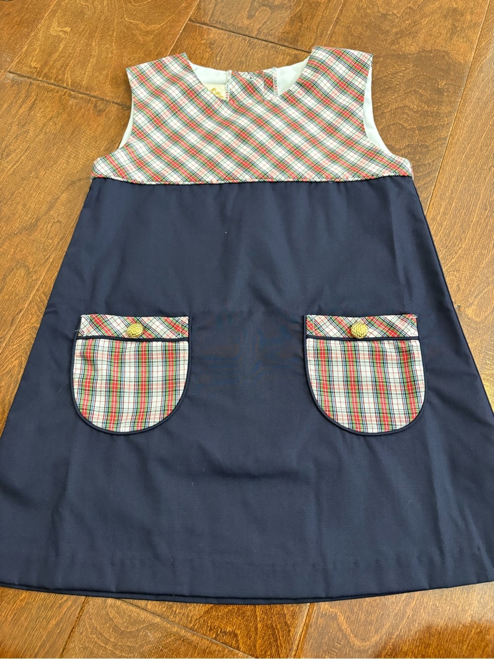 The Beaufort Bonnet Company Navy Dress with Red & Green Plaid Yoke